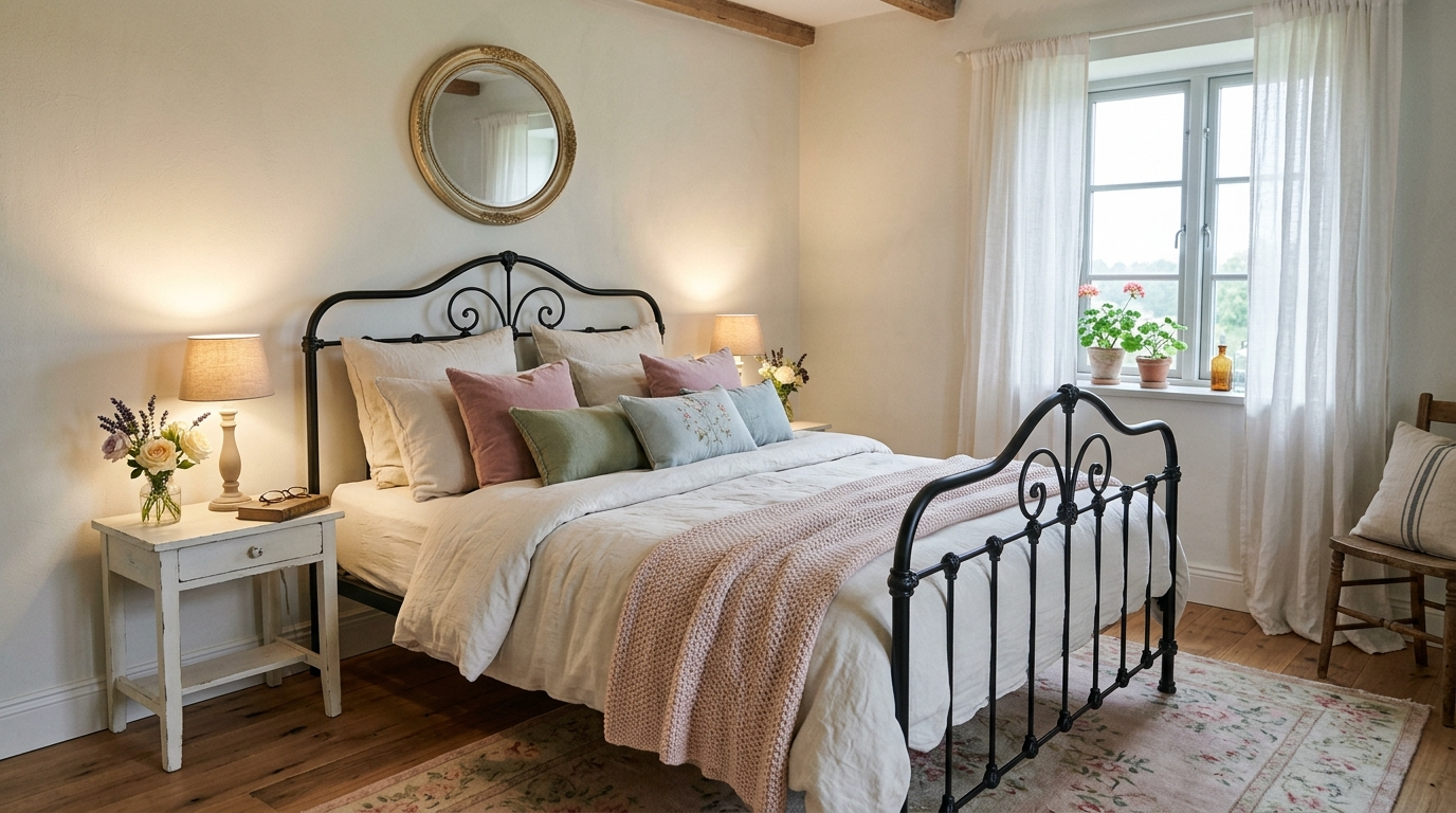 5) Bring in wrought iron details (bed frames, lighting, hardware)